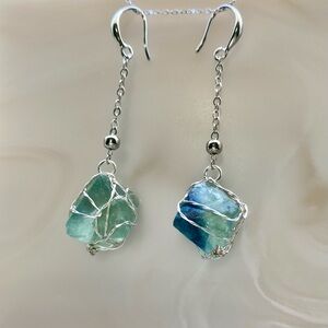 Silver and green Fluorite Octahedron Dangle Earrings E28